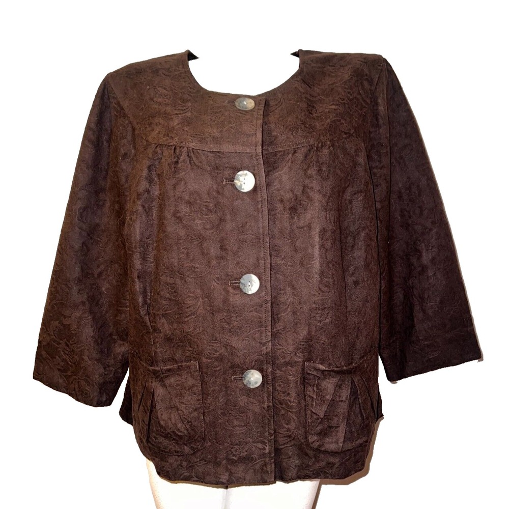 New J. Jill Java Brown Damask‎ Jacquard 3/4 Sleeve Collarless Jacket 16W NWT